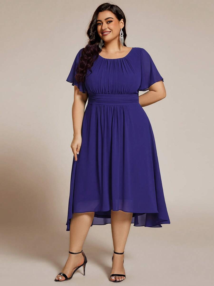 EVERPRETTY Robe de demoiselle d'honneur en mousseline élégante à encolure ronde, manches courtes, ourlet asymétrique, taille haute, grande taille, pour soirée