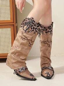 Western Cowboy Boots With Leopard Print Patchwork, Casual Vintage Outdoor Fabric Strap Riding Boots - Brown - View 7
