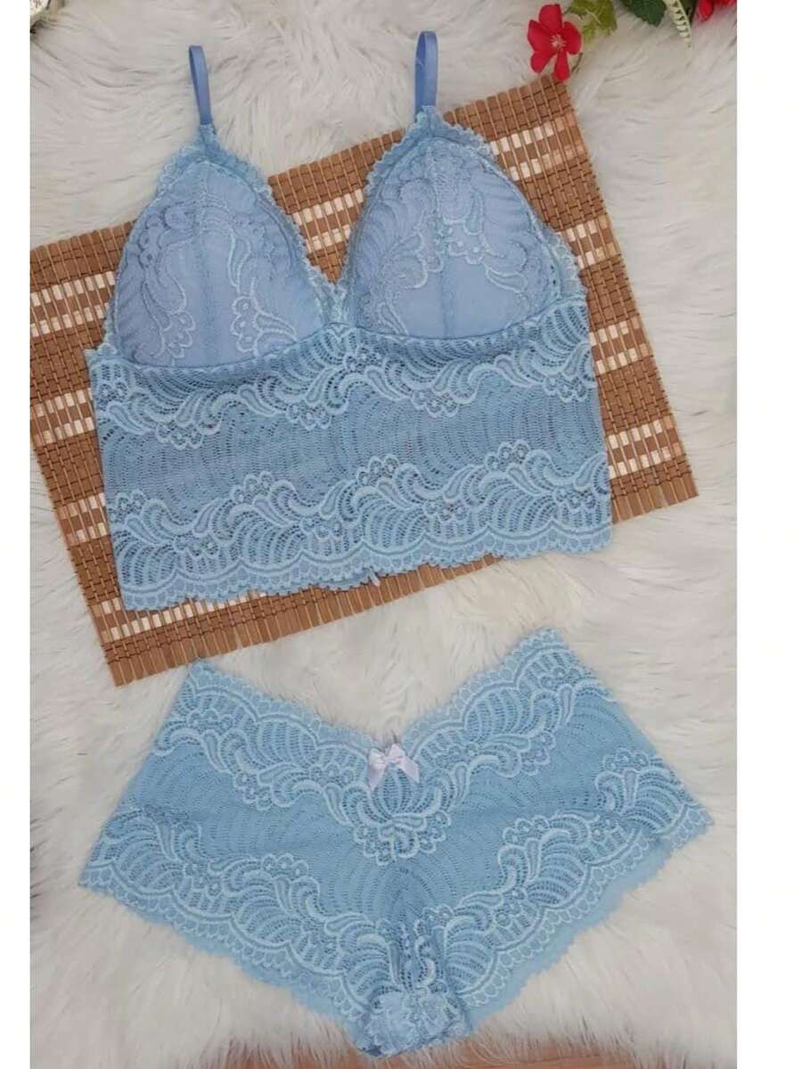 Simple Backless / Backless Openwork Fabric Contrast Lace - Baby Blue - View 1