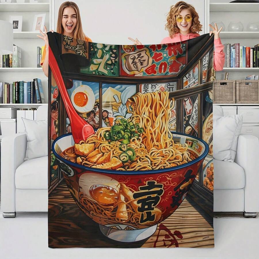 280gsm Fall BlanketJapanese Ramen Plaid Flannel Throw Blanket - Cozy All-Season Warmth, Vibrant Noodle Soup & Ramen Design, Portable Office, Sofa, Bed, Car, Travel Blanket, Travel Blanket| Contemporary Design| Durable Blanket