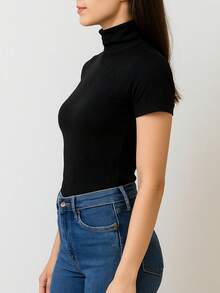 Women's Ribbed Mock Neck Short Sleeve Slim Fit Knit Top, Lightweight Stretchy Soft Tee Shirt, Casual Minimalist High Neck Pullover For Work, Travel And Everyday Wear, Classic Beige - 黑色 - 查看 2