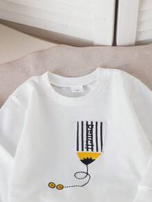 2pcs/Set Boys Casual Round Neck Sweatshirt With Embroidered Design And Elastic Waist Striped Jogger Pants, Suitable For Spring/Autumn Outdoor Wear - White - View 4