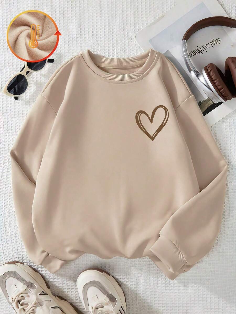 Felpa girocollo a maniche lunghe per ragazze pre-adolescenti/bambine, design minimalista a cuore, vestibilità casual e ampia, top a maniche lunghe versatile - Albicocca - Visualizzare 1