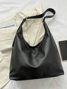 New Versatile Solid Color PU Shoulder Bag, Casual Minimalist Baguette Bag, Large - Black - View 3