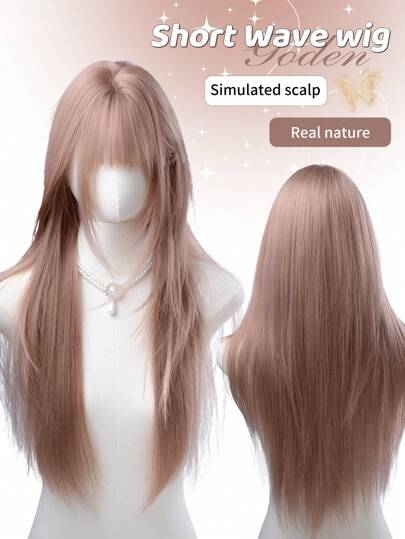 1. Synthetic Heat-Resistant Wig With Bangs, Pink Brown Long Straight Wig, Made Of 28 Feet Long Fiber, Suitable For Daily Use, Natural Artificial Wig