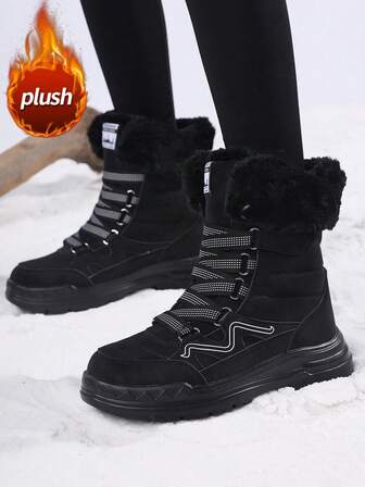 2025秋冬新款女雪地靴，高帮中筒带扣，舒适厚底，防滑耐磨，简约纯黑色，适合年轻女性，时尚户外徒步健行，加厚毛绒内衬，保暖防寒，女款真皮防水靴