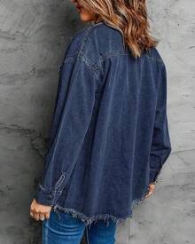 Vetinee Women's Oversized Button Up Frayed Hem Shacket Long Sleeve Pockets Denim Jean Jacket - Dark Blue - 查看 3