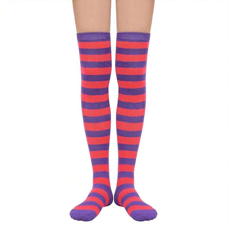Womens Thigh High Socks Striped High Knee Socks Knee High Socks For Cosplay Long Socks Over The Knee Leg Warmers - Hot Pink Purple - View 1