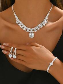 1pc Women's Necklace + 1 Pair Women's Earrings + 1pc Women's Bracelet 4-Piece Set, Big Crystal Necklace Jewelry Set, Suitable For Wedding, Daily Wear, Vacation, Photography, Halloween, Music Festival, Etc. - Silver - View 11