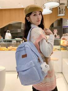 Mochila minimalista de gran capacidad para mujer de unicolor, mochila funcional de pana con parche de letra, de gran capacidad, ligera y portátil, perfecta para adolescentes, mujeres, estudi - Azul - Ver 5