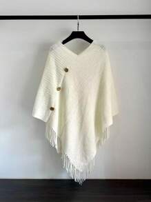 1pc Women Solid Color Button Tassel Knitted Poncho Shawl, Fashionable Casual Warm Wear For Vacation And Daily Use