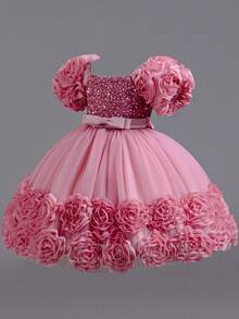 Girls' Floral Party Dress | 3D Embroidered Flowers On Sleeves & Hem With Sparkle Bodice | Special Occasion Gown For Birthday & School Events (2-7 Years) - 藕粉色 - 查看 3