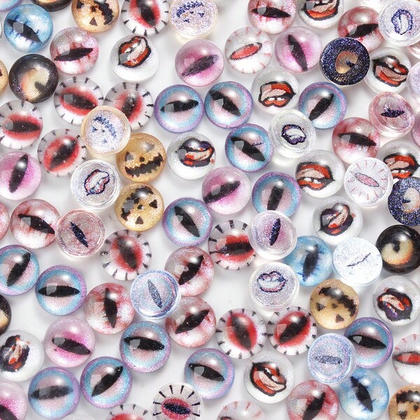 20/50/100 piezas Ojos malvados de estilo Halloween con diseño de dibujos animados, cabujones planos, caras de fantasma brillantes y lindas para mujer y niña, rebanadas para uñas, manualidades de joyería DIY