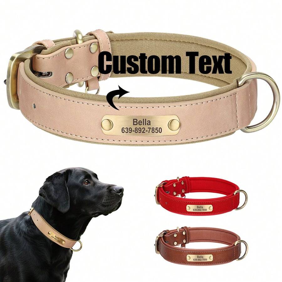 Solid Color Leather Anti-Rust Soft Dog Engraved Collar, Laser Engraved Custom Pet Collar, Anti-Lost Adjustable ID Tag Collar For Small/Medium/Large Dogs