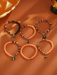 6pcs/Set Gothic Halloween Polymer Clay Beaded Bracelet, Ghost, Bat, Pumpkin Pendant, Vintage Fashion, Dark Night Party Jewelry Gift For Women & Couples
