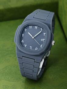 1 件男士优质塑料简约日历反时尚横条纹男士手表石英男士手表 - 白色 - 查看 5