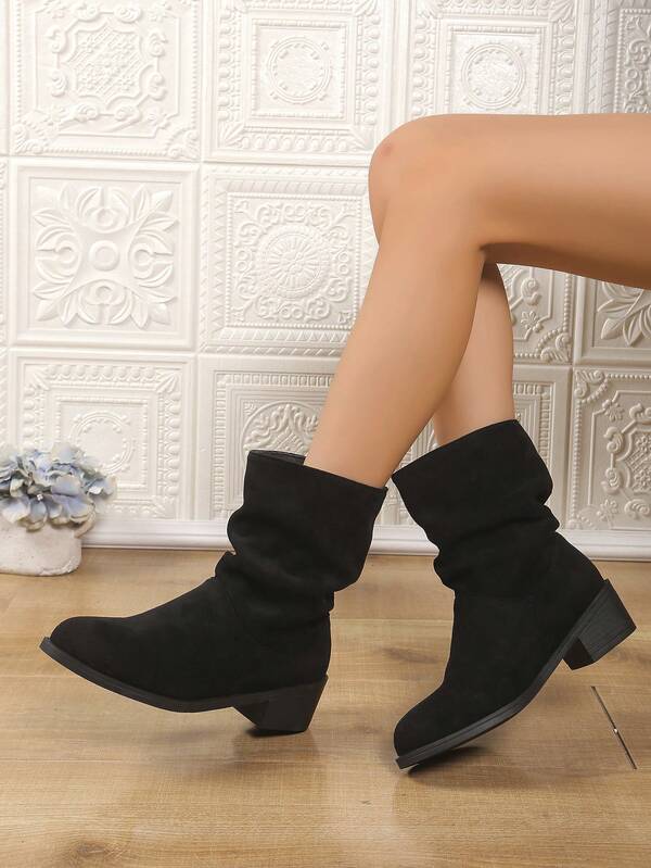 Stivali corti da donna alla moda, stivali da equitazione pieghevoli, stivali con tacco chunky morbido per vestire, adatti per primavera, autunno e inverno