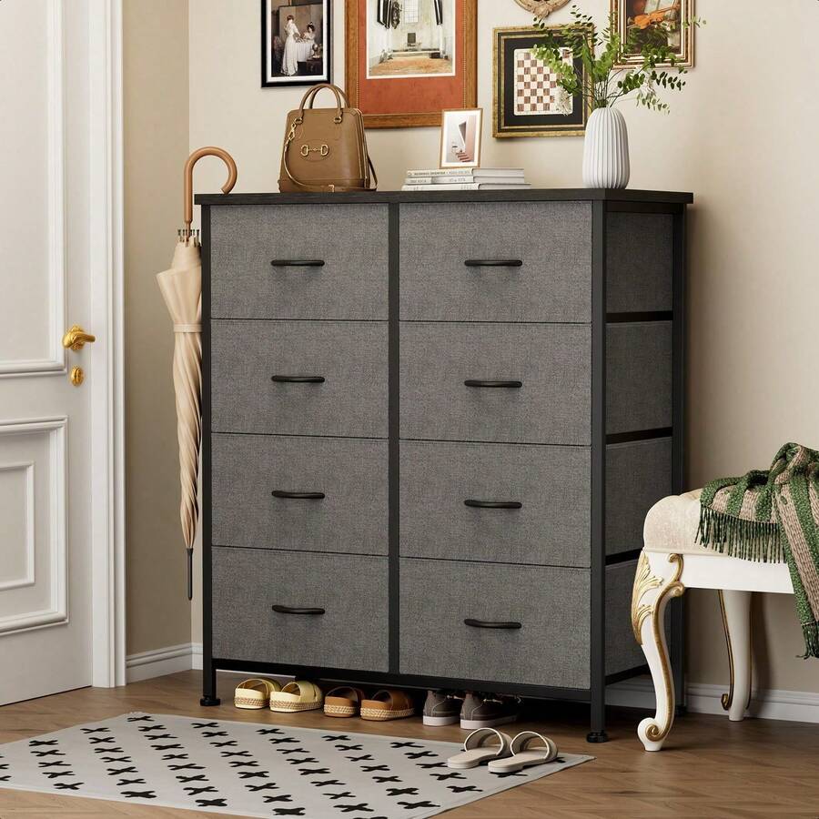 Dresser For Bedroom With 8 Drawers Tall Dresser & Chest Of Drawers Fabric Dresser With Wood Top And Sturdy Steel Frame - 灰色 - 查看 1