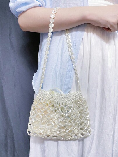 New Handmade Beaded Woven Tote Bag, Unique Design, Silver Color, Summer Essential Underarm Shoulder Bag,