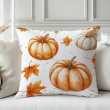 1pc Autumn Pumpkin & Maple Leaf Decorative Pillow Cover, Single-Sided Printed Velvet Fabric, 45*45CM/18*18inch Cushion Cover For Modern Fabric Sofa Indoor Decor, Party Decoration