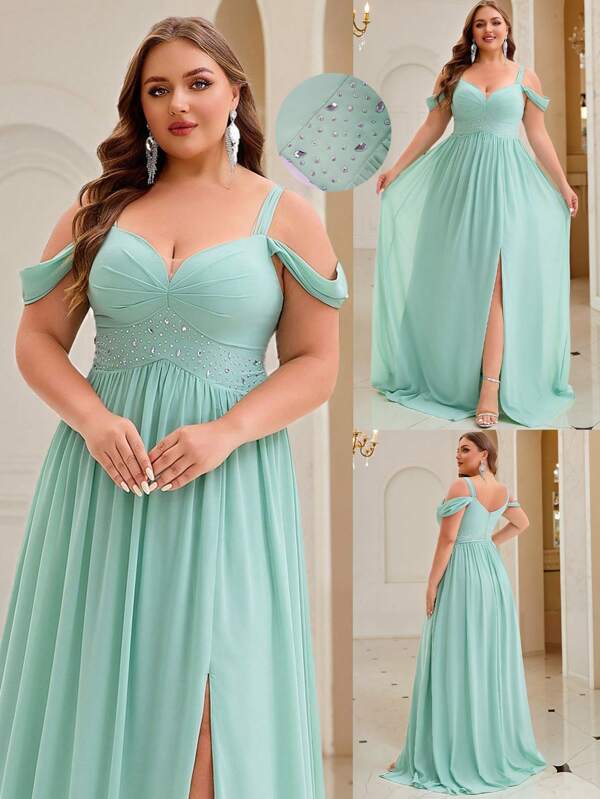 Damen Große Größen Herbstbekleidung - Elegantes Off-Shoulder drapiertes Chiffon Abendkleid mit Seitenschlitz und langen Ärmeln, geeignet für Abschlussball, Abendveranstaltungen, Hochzeiten, Abschlussfeiern, Dinnerpartys, Homecoming und Bühnenauftritte
