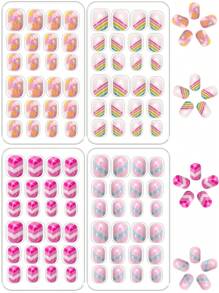 96pcs/Set Kids Press-On Nails Acrylic False Nails Pre-Glued Full Cover Glitter Cute Complex Colors Polka Dots, Zebra Stripes, Rainbow Stripes, Fish Scales And Other Elements Short Kids Stick-On False Nails Set For Kids Little Girls - Cute Texture Theme