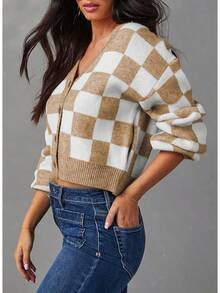 Women's Checkered Button Down Long Sleeve Knit Cropped Cardigan Sweater Tops, Style - Khaki - View 3