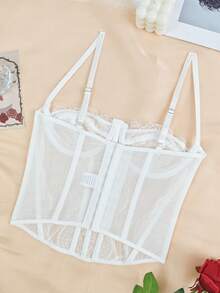 Y2K Lace Underwire Corset Top - Boned Bustier With Rear Hook & Eye Closure, Sheer Mesh Spaghetti Strap Crop Top(Semi-Sheer) - trắng - Xem 5