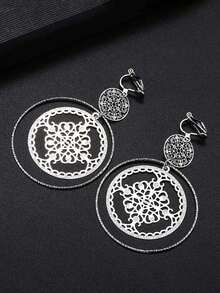 2pcs Hollowed Dsic Textured Round Clip On Earrings No Piercing Gold Color Big Circle Hoop Ear Clips For Women Girl Party Gift Jewelry - Clip - View 7