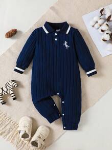 Long Sleeve Polo Collar Jumpsuit With Horse Embroidery, Brushed Fabric, Suitable For Formal Occasions, Parties, Outdoor Sports In Autumn/Winter, Fitted & Comfortable