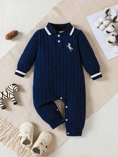Long Sleeve Polo Collar Jumpsuit With Horse Embroidery, Brushed Fabric, Suitable For Formal Occasions, Parties, Outdoor Sports In Autumn/Winter, Fitted & Comfortable