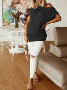 Women's Solid Color Casual Hollow Out Shoulder Knit Pullover