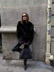 Camellia New Autumn/Winter Faux Fox Fur Collar Fashionable Short Jacket, Youthful Artificial Fur Coat - Black - View 7