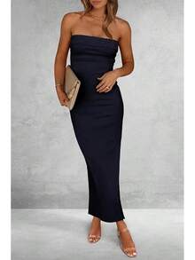 Women's Summer Bodycon Maxi Tube Dress Ribbed Strapless Side Slit Long Going Out Casual Elegant Party DressesHalloween Christmas New Year - 海軍 - 查看 6