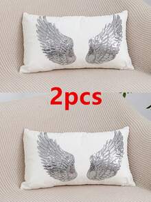 1pc/2pcs White Velvet Silver Wings Pattern Pillow Cover, Bohemian Sequin Embroidery Feather Decor Lumbar Cushion Cover For Bedroom, Living Room, Sofa, Car, Holiday Party, Garden, 30*50cm, 45*45cm, Pillow Insert Not Included