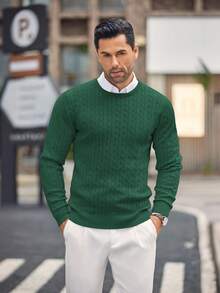 Men's Minimalist Solid Color Cable Knit Long Sleeve Sweater - Dark Green - View 4