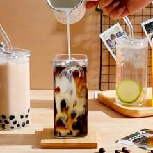 4-Piece Square Lidded Glass Cup With Straw And Straw Brush, Portable Drinking Cup, Iced Coffee Cup, Father's Day Cup, Perfect For Office, Party Supplies, Home, School, And Outdoor Use - Transparent - View 9