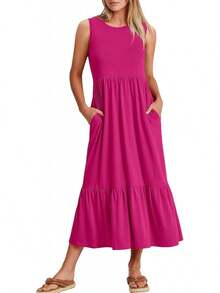 Women Summer Casual Sleeveless Crewneck Sundress Aline Flowy Tiered Maxi Long Beach Dress Vacation Outfits Halloween Christmas New Year