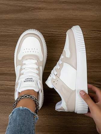 Women's Fashion Casual Sneakers Low-Top Lace-Up Breathable Color Block Athletic Shoes, Lightweight & Comfortable Skate Shoes