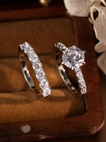 2 件方晶锆石戒指套装，简约奢华婚礼订婚戒指，礼盒包装适合节日