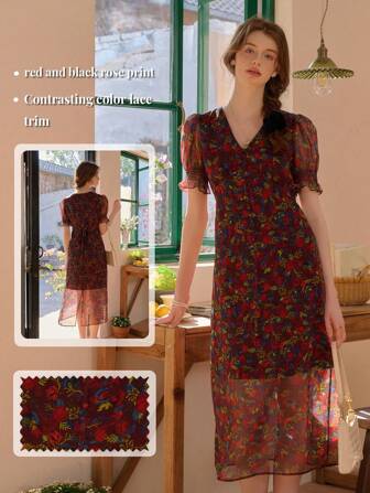 Simple Retro Women's Spring And Summer Resort Style V-Neck Puff Sleeve Floral Elegant Retro Temperament Slim Maxi Dress