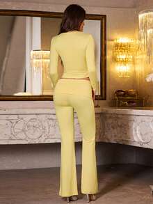 WOWDARK Women's Fashion Square Neck Fitted Casual Cropped Top And Long Pants Set, Autumn