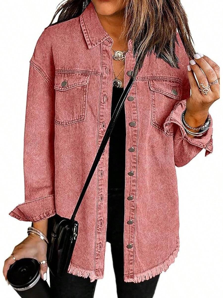Vetinee Women's Oversized Button Up Frayed Hem Shacket Long Sleeve Pockets Denim Jean Jacket - 燒赭石 - 查看 1