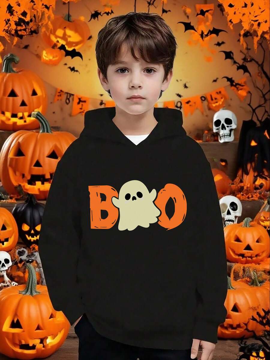 Tween-Jungen 1 Stück Halloween Sweatshirt mit lockerem, bedrucktem Geistermuster und Kapuze, ein Outfit für Herbst und Winter, perfekt für Halloween Partys