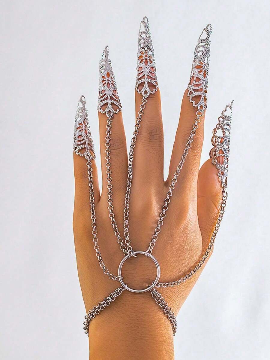 1pc Carnival Halloween Goth Finger Bracelet Punk Ghost Hand Back Chain Jewelry Cone Nail Chain Ring Bracelet - A - View 1