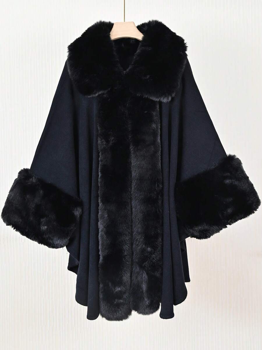 1 Peça Poncho Cardigan com Capuz e Gola Felpuda Elegante em Tecido de Malha Acrílica Folgado e Volumoso, Plus Size, para Mulheres, para Vestir