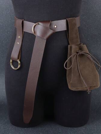 3PCS Brown PU Leather Medieval Belt And Money Pouch Women Skirt Hike Clip For Renaissance Viking Faire LARP Cosplay Costumes Halloween