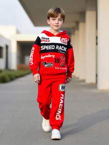 2pcs/Set Teenage Boys' Letter Print Hooded Sweatshirt And Pants, Street Fashion Knit Long Sleeve Top And Trousers, Suitable For Spring, Autumn And Winter - 紅色 - 查看 2