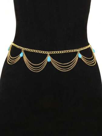 1件时尚百搭波西米亚风复古绿松石吊坠腰链，适合派对和日常佩戴，节日礼物