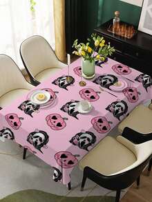 1pc Halloween Pink Theme Tablecloth, Printed With Scary Faces & Pumpkin Hearts, Quirky Style With Holiday Vibe. Rectangular Design, Unique & Eye-Catching Pattern, Vivid Details, Suitable For Halloween Dining Table Decor, Adding Personalized & Fun To Meal Settings.